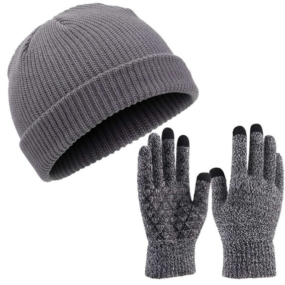 Spencer Beanie Hat and Glove 2-Piece Set, Winter Beanie Hat Men Women Classic Knit Cuffed Plain Skull Cap and Touchscreen Gloves, Gray