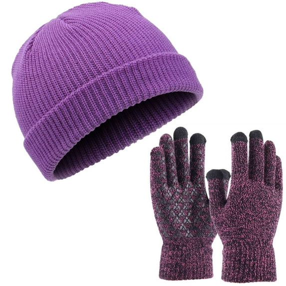 Spencer Beanie Hat and Glove 2-Piece Set, Winter Beanie Hat Men Women Classic Knit Cuffed Plain Skull Cap and Touchscreen Gloves, Purple