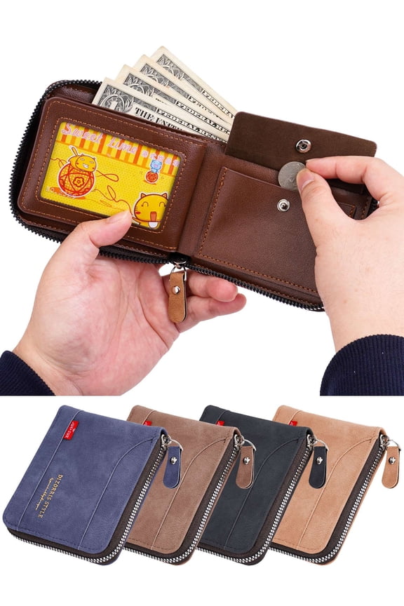 Bifold Leather Wallet For Men with 2 ID Window, Mens Bifold Wallet Extra Capacity Travel Wallet Zipper Purse with Multiple Slots, Khaki