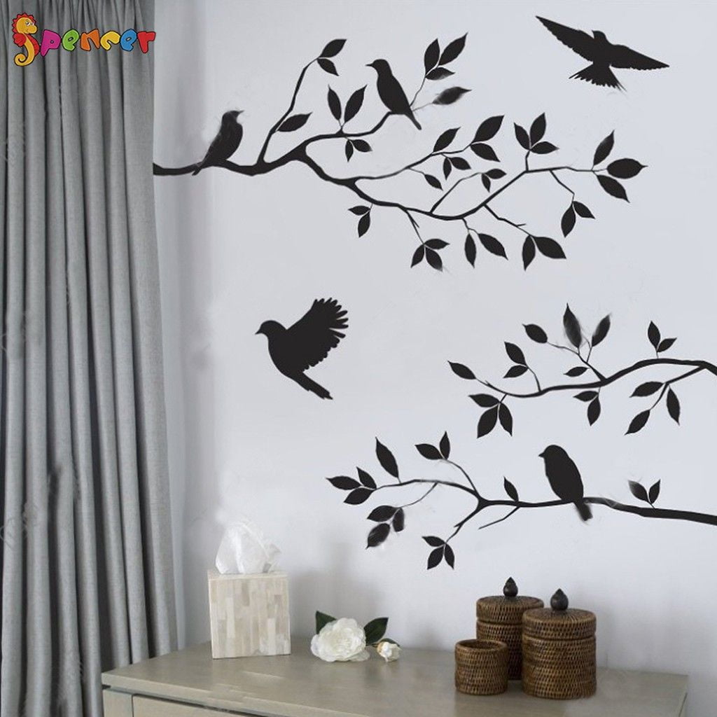 Spencer Birds Flying Tree Branches Wall Decals Wall Stickers Removable Vinyl Art Decor for Living Room Bedroom Decoration (13.8" x 23.6" )