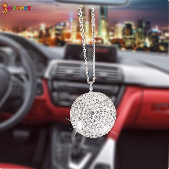 Spencer Bling Car Decor Crystal Ball Car Rear View Mirror Charm, Rhinestone Hanging Car Ornament Bling Car Accessories for Women Men