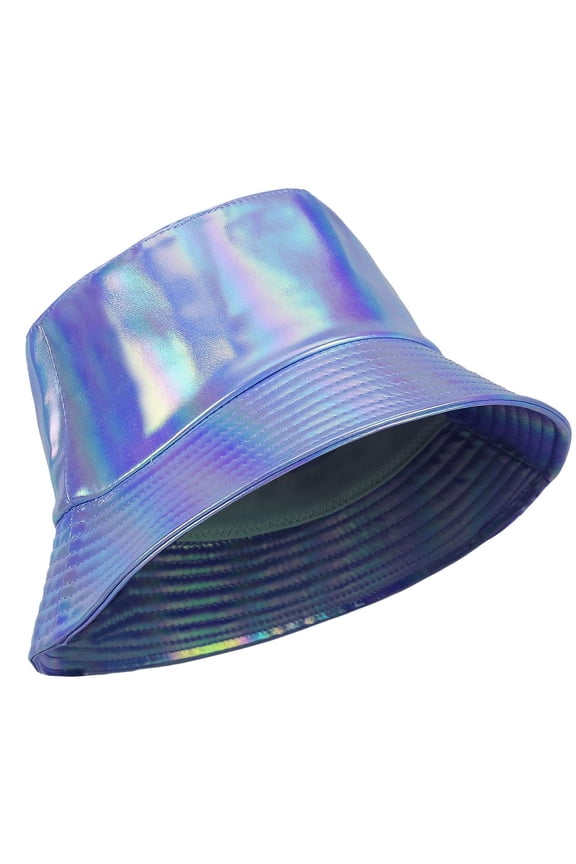Bucket Hat for Men Women Unisex Glossy Leather Bucket Cap Shiny Holographic Sun Protection Fisherman Hat Waterproof Rain Hat (Blue)