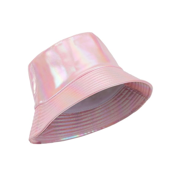 Spencer Bucket Hat for Men Women Unisex Glossy Leather Bucket Cap Shiny Holographic Sun Protection Fisherman Hat Waterproof Rain Hat (Pink)