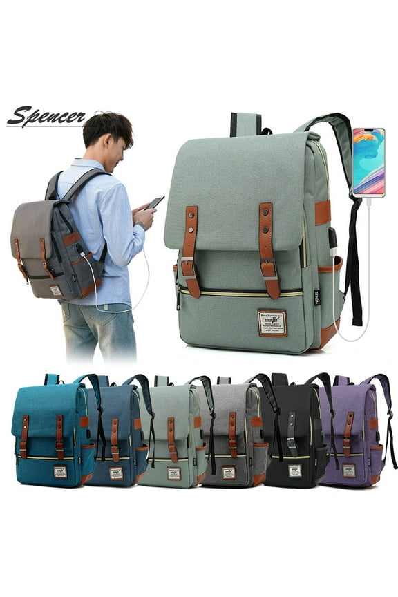 Canvas Laptop Backpack for Women Men - Shoulder Travel Daypack Anti-theft Satchel Rucksack Computer School Bag with USB Charging Fit 16" Laptop (Light Gray)