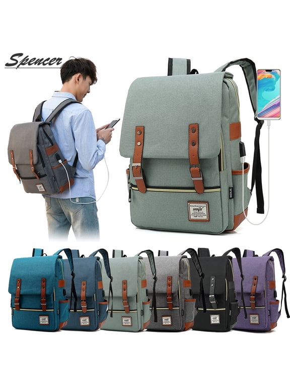 Canvas Laptop Backpack for Women Men - Shoulder Travel Daypack Anti-theft Satchel Rucksack Computer Bag with USB Charging Fit 16" Laptop