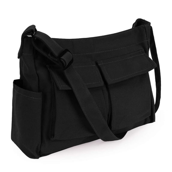 Spencer Canvas Messenger Bag Large Capacity Hobo Bag Crossbody Shoulder Bag Tote Bag with Multiple Pocket for Women and Men, Black