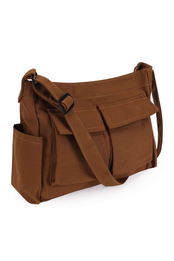 Canvas Messenger Bag Large Capacity Hobo Bag Crossbody Shoulder Bag Tote Bag with Multiple Pocket for Women and Men, Brown