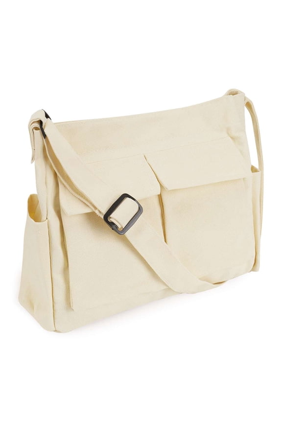 Canvas Messenger Bag Large Capacity Hobo Bag Crossbody Shoulder Bag Tote Bag with Multiple Pocket for Women and Men, White