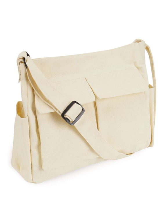 Canvas Messenger Bag Large Capacity Hobo Bag Crossbody Shoulder Bag Tote Bag with Multiple Pocket for Women and Men, White