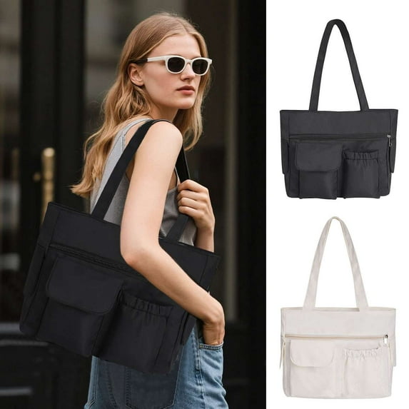 Spencer Casual Tote Bags with Multiple Pockets for Women, Oxford Large Capacity Shoulder Bag Handbag for Travel Work, White