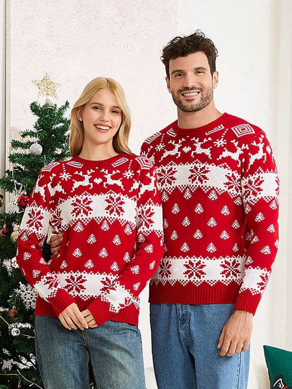 Christmas Pullover Sweaters for Women and Men, Long Sleeve Knitted Crew Neck Sweater Tops Holiday Pullover, Size S-XXL