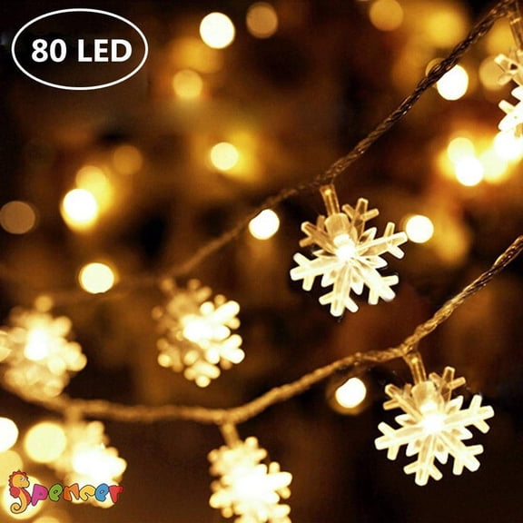Spencer Christmas Snowflake String Lights, 32.8ft 80 LED Battery Operated Waterproof Fairy String Lights for Chritsmas, Wedding, Party, Garden Patio Decor Lighting "Warm"