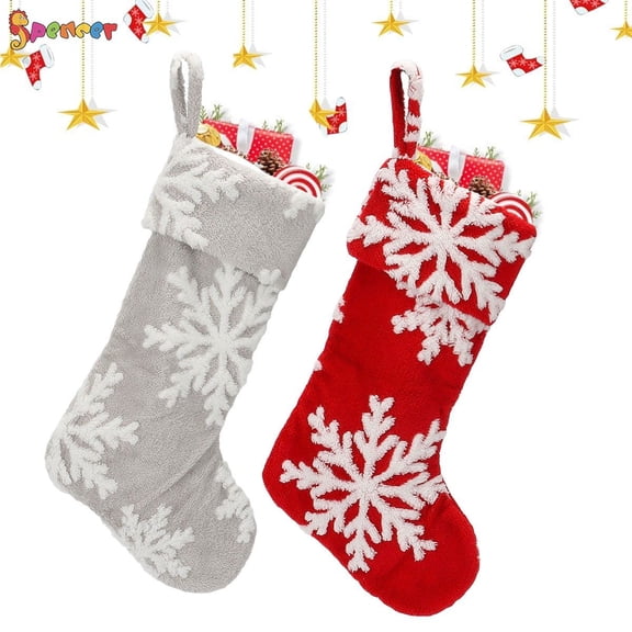 Spencer Christmas Stockings 17 inches Large Red Plush Fleece with Snowflake Printed Stockings for Family Xmas Party Decorations （Red）