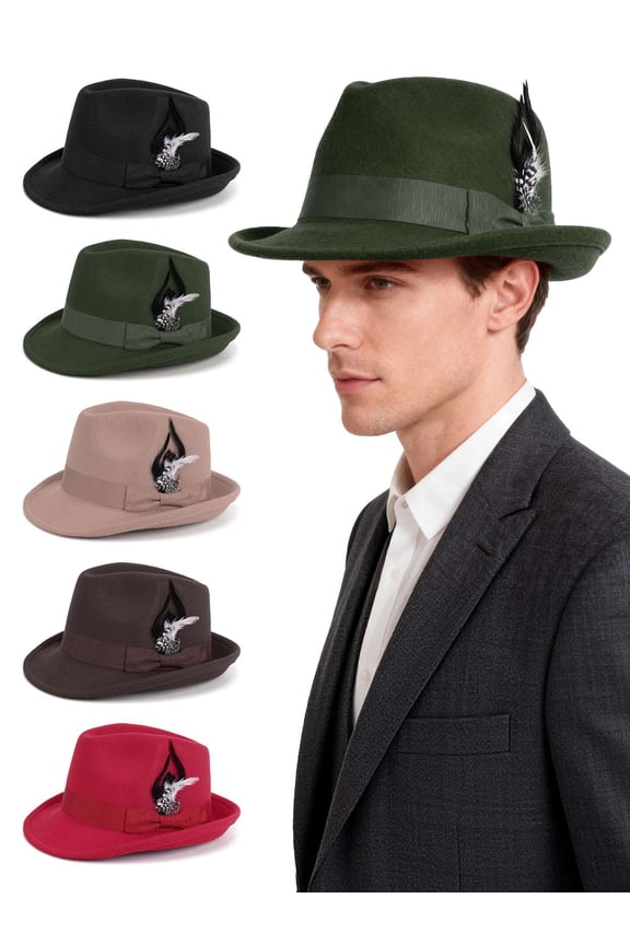 Classic Fedora Hats for Men Outdoor Travel Wide Brim Felt Hat Panama Hats Dress Hat with Bow Belt, Red