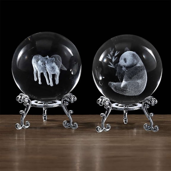 Spencer Clear Crystal Glass Ball 60mm 3D Laser Engraved Panda Glass Sphere Decorative Ball with Stand Figurine Gift for Home Office Decor