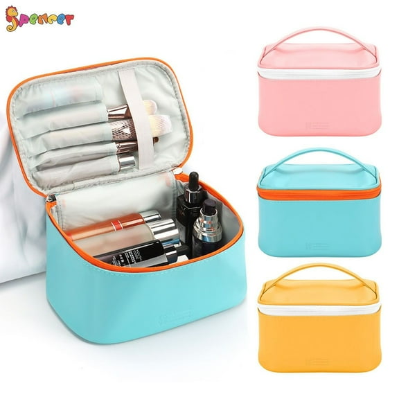 Spencer Cosmetic Travel Bag Makeup Case PU Washable Waterproof Handbag Pouch Organizer Bag for Women (8.7"*5.5"*4.7",Blue)