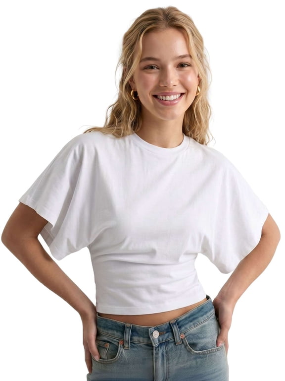 Cotton Crew Neck Tee with Short Sleeves, Women's Y2K Retro Cinched Waist Crop Tops Batwing Sleeves T-Shirts Summer Going Out Top