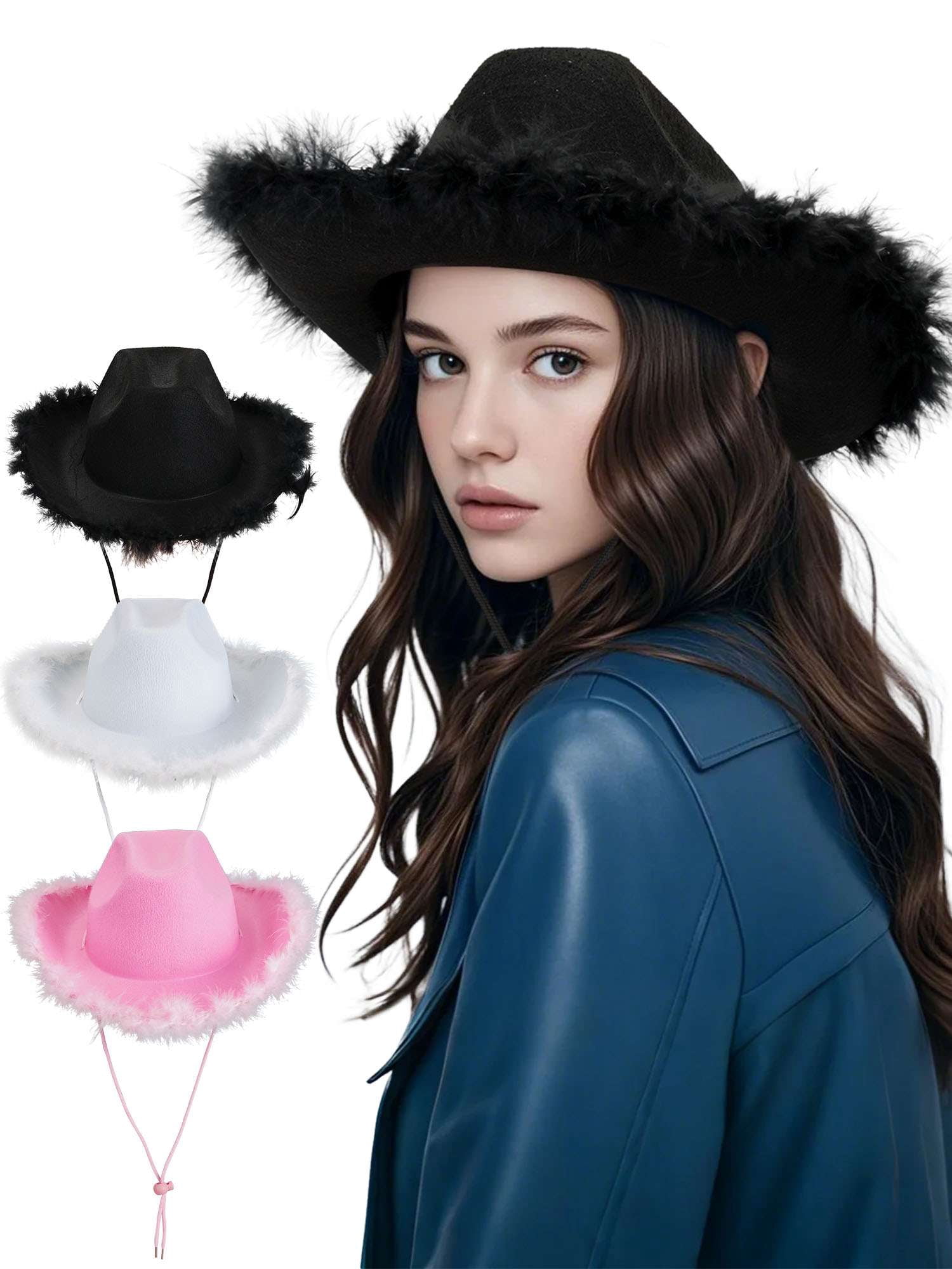 Spencer Cowboy Hat for Adult Women Cowgirl Hat Fluffy Feathers Brim — free download