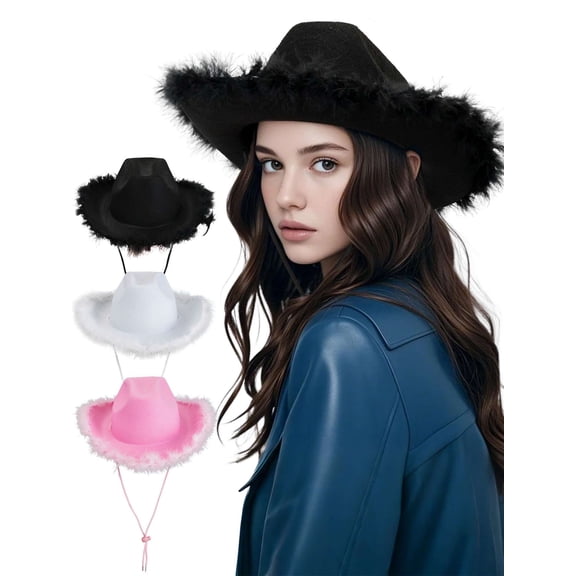 Spencer Cowboy Hat for Adult Women Cowgirl Hat Fluffy Feathers Brim Adjustable Chin Strap Hats Party Costume Accessories, Pink