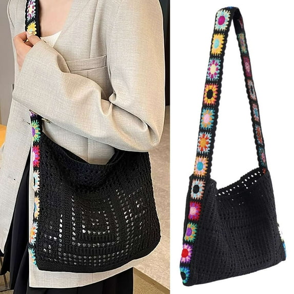 Spencer Crochet Bag Women Crochet Shoulder Bag Knitting Crossbody Handbag Floral Hollow Beach Tote Bag, Black