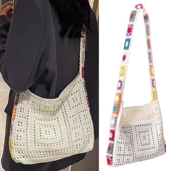 Spencer Crochet Bag Women Crochet Shoulder Bag Knitting Crossbody Handbag Floral Hollow Beach Tote Bag, White
