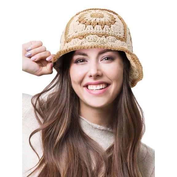 Spencer Crochet Bucket Hat for Women Knit Handmade Foldable Floppy Beach Hat Fashion Fisherman Hat Cute Flower Pattern Cap, Beige