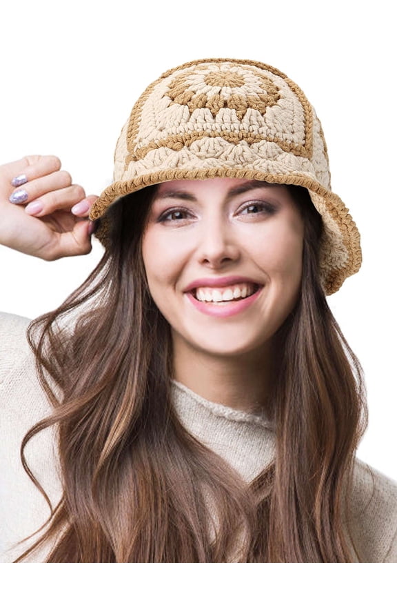 Crochet Bucket Hat for Women Knit Handmade Foldable Floppy Beach Hat Fashion Fisherman Hat Cute Flower Pattern Cap, Beige