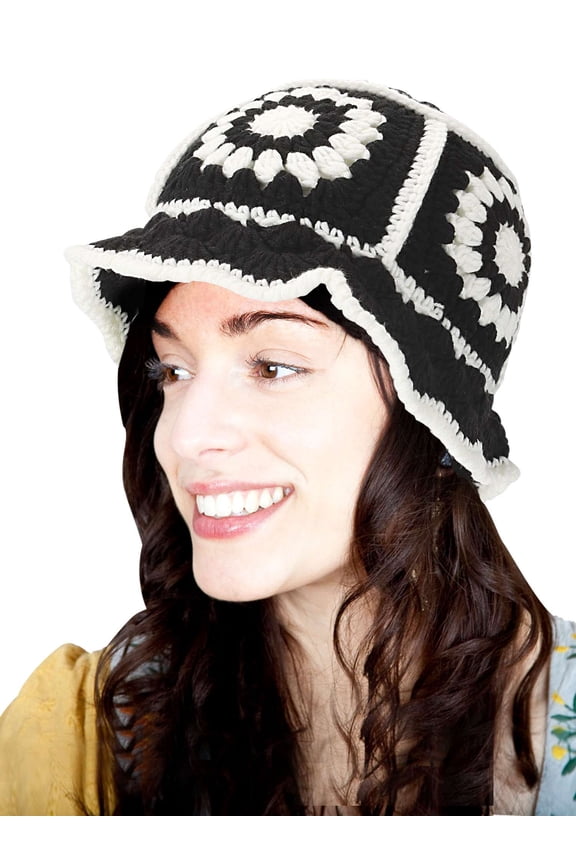 Crochet Bucket Hat for Women Knit Handmade Foldable Floppy Beach Hat Fashion Fisherman Hat Cute Flower Pattern Cap, Black