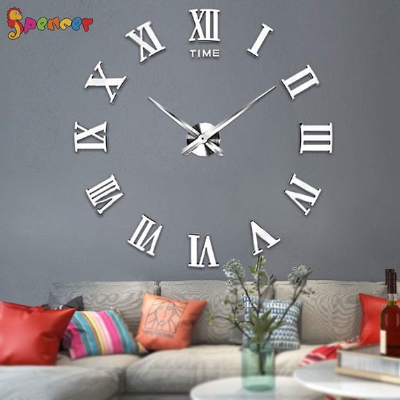 Spencer DIY Frameless Wall Clock, Modern Roman Numerals 3D Mirror Stickers Wall Clock Home Decor for Living Room Bedroom "Silver"