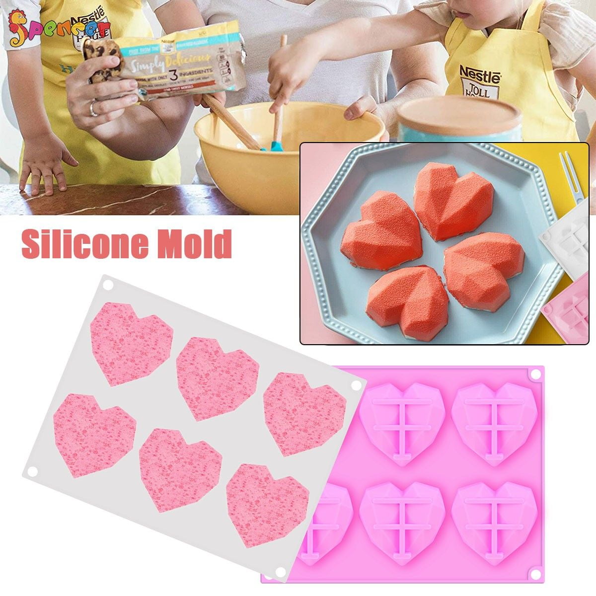 Spencer Diamond Heart Silicone Cake Mold, Cavities Non-stick
