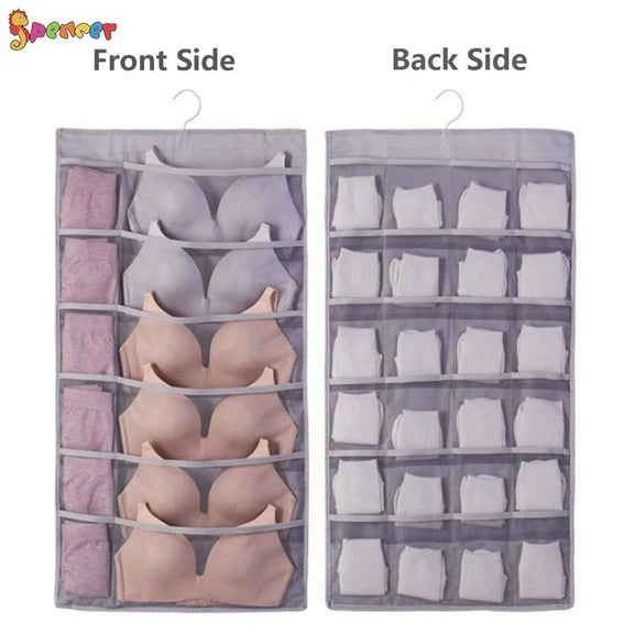 Spencer Over the Door Hanging Closet Organizer with 36 Mesh Pockets, Dual Sided Wall Shelf Wardrobe Storage Bags Space Saver for Bra Underwear Socks with Hanger "Gray"