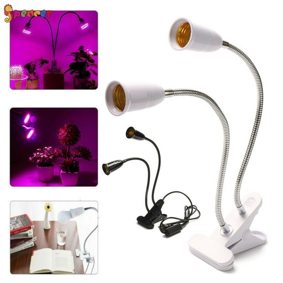 Spencer E27 Bulb 2 Head Clip-On Cable Desk Lamp Holder Flexible Gooseneck Book Lights Stand Clamp Lamp Socket for Home Plants Grow Reptiles Aquarium (White)