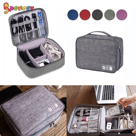 Spencer Electronic Travel Cable Cord Organizer Bag Water-resistant Double Layer Storage Bag Electronic Accessories Drive Cases for Cable, Charger, Phone, USB, SD Card "Gray"