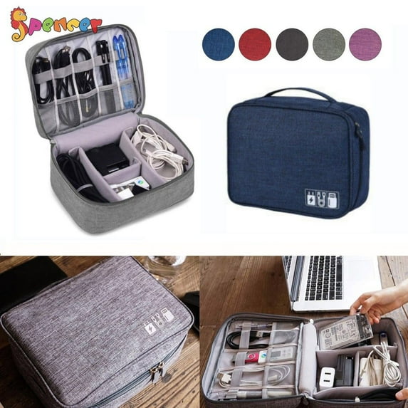 Spencer Electronic Travel Cable Cord Organizer Bag Water-resistant Double Layer Storage Bag Electronic Accessories Drive Cases for Cable, Charger, Phone, USB, SD Card "Navy Blue"