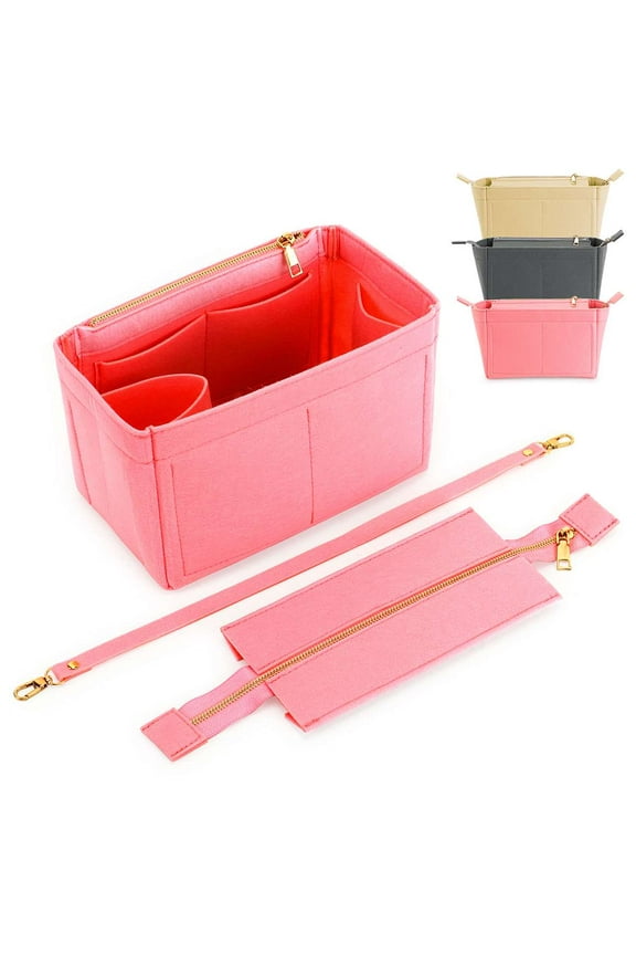 Felt Insert Bag Organizer with Zipper Makeup Purse Bag in Bag Handbag Tote Organizer Fit for Speedy Neverfull (9.3"*5.9"*5.1",Pink)