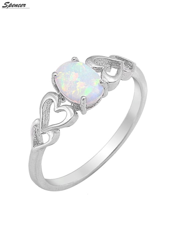 Fire Opal Ring 925 Sterling Silver Oval Lab Created White Gemstone Jewelry Ring Gift for Women "Size 9"
