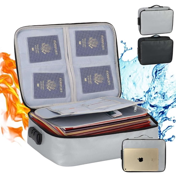 Spencer Fireproof Document Bag with Lock, 3-Layer File Storage Case Zipper Closure Money Bag Document Safe Portable Travel Home Organizer Bag for Important Files Certificates Cards Passport, Silver
