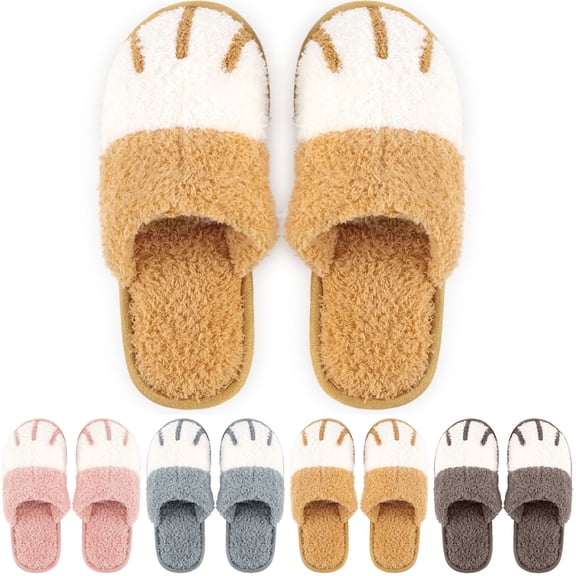 Spencer Fuzzy Slippers for Women Men, Comfy House Slipper Outdoor Indoor Warm Plush Bedroom Shoes Cute Cat Paw Slip-On Slipper