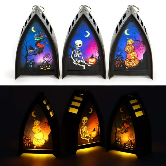 Spencer Halloween LED Lantern Lights Flameless Lantern Skull Skeleton Pumpkin Witch Decorative Lamp for Home Table Indoor Outdoor Bar Halloween Decor Ornament