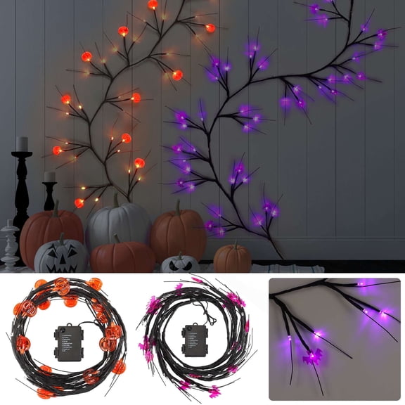 Spencer Halloween Lighted Willow Vine Garland Battery Operated Twig Vine Lights 8 Modes 54 LED Purple Halloween Lights Fireplace Wall Decor Indoor Outdoor