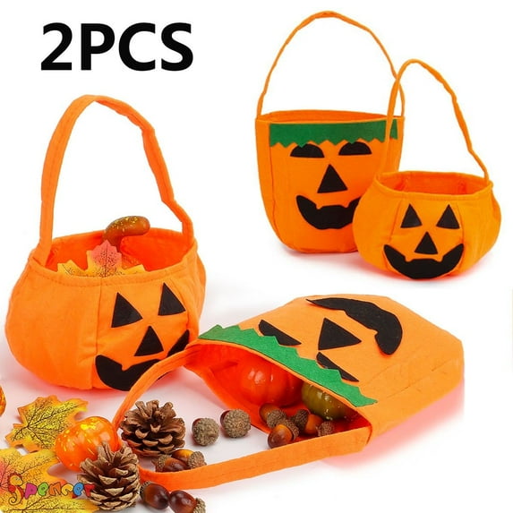 Spencer Halloween Pumpkin Trick Or Treat Bags Candy Handbags Craft Tote Bag for Kids Costume Party Favors Supplies (Green & Orange)