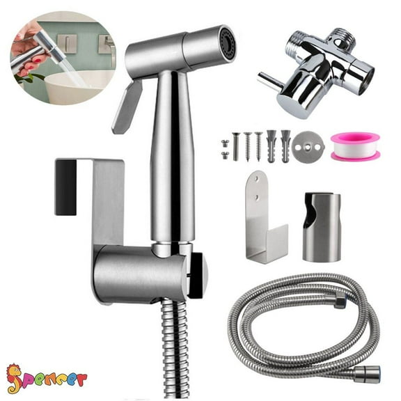Spencer Hand Held Bidet Toilet Sprayer Kit Stainless Steel Toilet Shattaf Bidet Shower Sprayer Bathroom Cloth Diaper Washer with 7.8" T-Adapter Valve Hose for Pet Bath for Pet Bath
