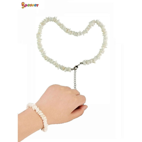 Spencer Hawaiian White Conch Clam Chips Puka Shell Pearl Necklace Choker Bracelet Adjustable Extened Chain Gifts for Men and Women