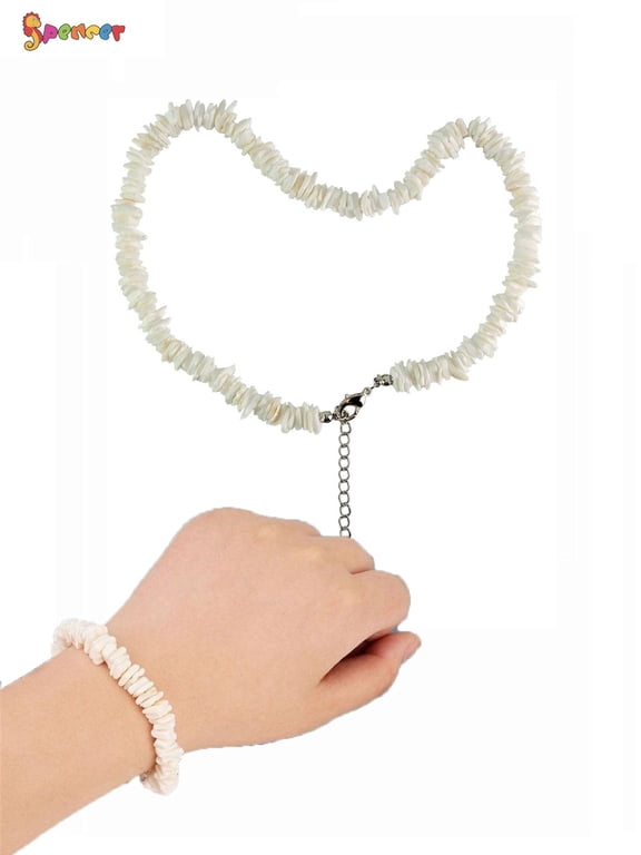 Hawaiian White Conch Clam Chips Puka Shell Pearl Necklace Choker Bracelet Adjustable Extened Chain Gifts for Men and Women
