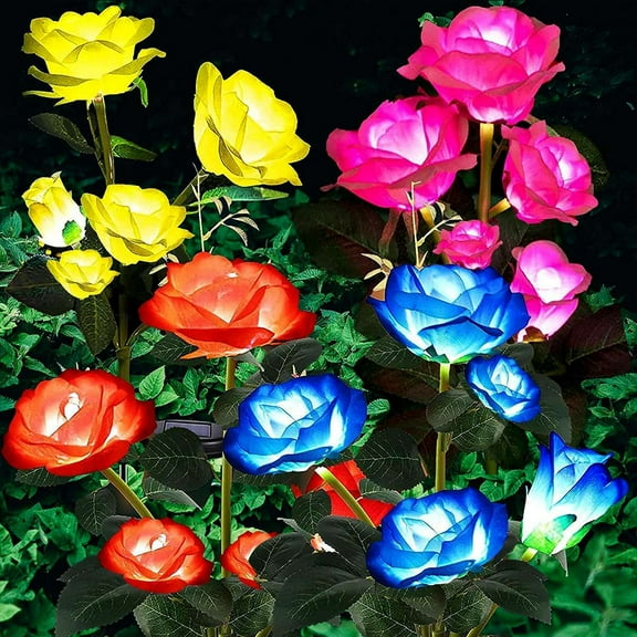 Spencer LED Solar Flower Light Waterproof Landscape Lights with 5 Rose Flowers, Solar Garden Lights Floral Outdoor Stake Lights for Patio Yard Lawn Pathway Decor, Blue
