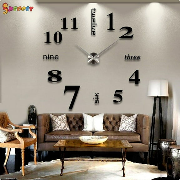 Spencer Large 3D Frameless Wall Clock Stickers Modern DIY Mirror Wall Clock Decoration for Living Room Bedroom Home Office "Black"