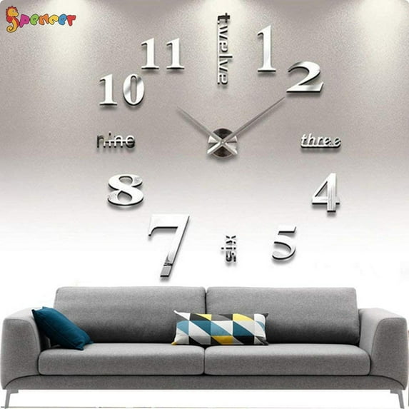 Spencer Large 3D Frameless Wall Clock Stickers Modern DIY Mirror Wall Clock Decoration for Living Room Bedroom Home Office "Silver"