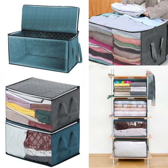 Spencer Large Capacity Clothes Storage Bag Organizer, Foldable Closet Organizer with Reinforced Handle for Comforter Bedding Clothes Blanket and Underbed Storage (Blue, 22.05" x 11.02" x 11.81")