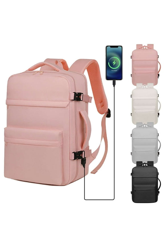Large Travel Backpack for Women and Men, Carry On Backpack with USB Charging Port, 15.6inch Laptop Backpack Flight Approved, Waterproof Casual Daypack College Bookbag, Pink