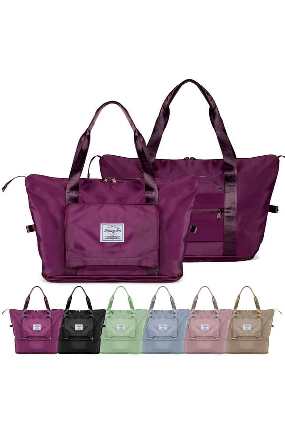 Large Travel Tote Bag, Waterproof Expandable Duffel Gym Tote Bag, Weekender Carry on Overnight Bags for Women and Men with Trolley Sleeve Wet Pocket, Travel Duffel Bag, Purple